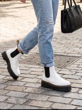 Dr Martens White Chelsea Lug Sole Boots with Black Elastic Panels